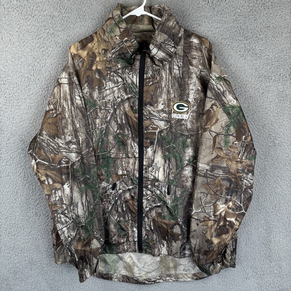 Green Bay Packers Jacket Mens XL Camo Full Zip Windbreaker Rain‎ Packable Hood